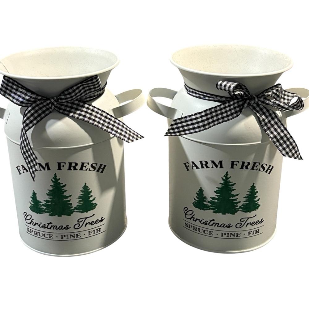 Set of 2 Rustic Metal Christmas Milk Jugs,”Farm Fresh Christmas Trees”